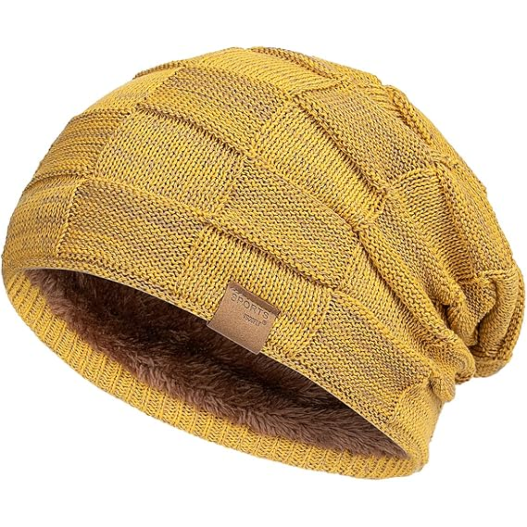 Cozy fleece-lined knitted beanie, a warm and stylish slouchy hat for winter