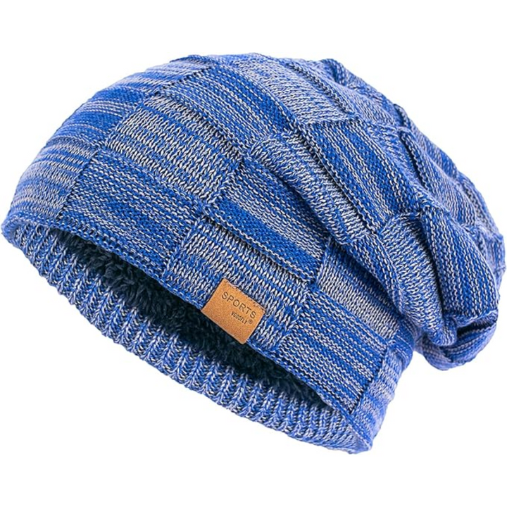 Outdoor thermal beanie; a soft knitted and fleece-lined slouch hat for unisex wear