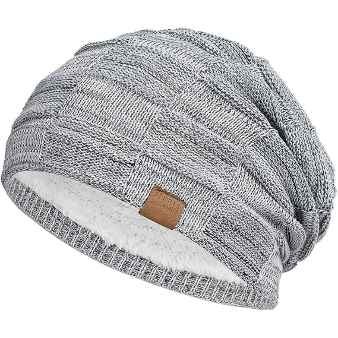 Unisex fleece-lined knitted slouch beanie, essential headwear for cold winter days
