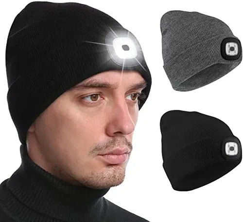 Unisex warm LED beanie hat with built-in light, perfect for outdoor activities & visibility.