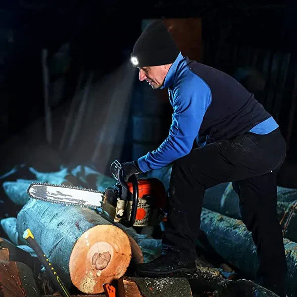 Versatile unisex LED beanie, a warm knitted hat & headlamp in one, great for visibility in any weather.