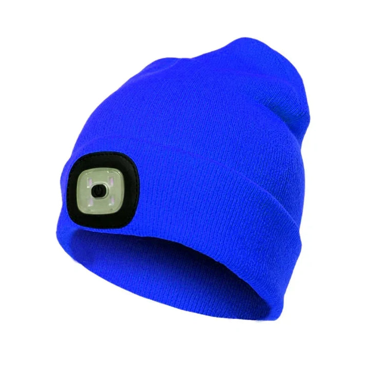 Warm knitted LED beanie for winter, providing hands-free light & visibility for running & camping.