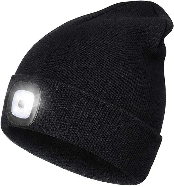 Unisex LED beanie hat, a warm winter headlamp for outdoor adventures, improved visibility & safety.