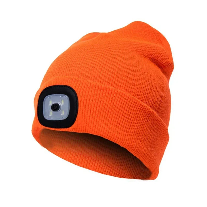 LED beanie hat for running, a warm knitted headlamp providing visibility & safety during night jogs.