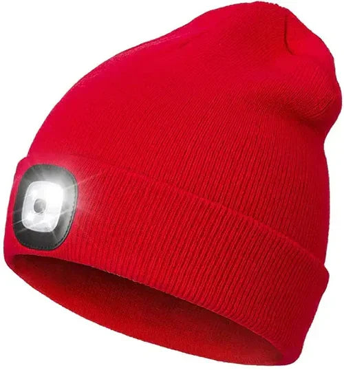 Outdoor LED beanie for camping, a warm unisex winter hat with a powerful built-in light for visibility.