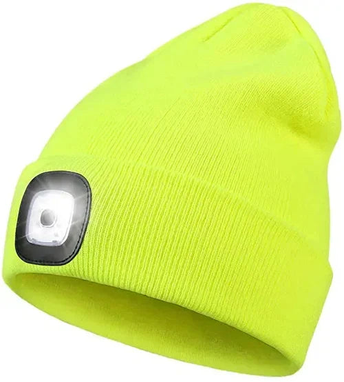 Black unisex warm LED beanie hat, a hands-free headlamp for superior outdoor visibility & warmth.