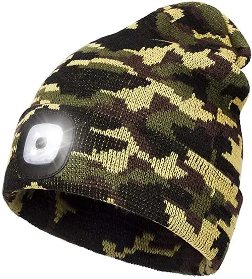 Grey knitted LED winter hat, providing warm illumination & visibility for outdoor running & camping.