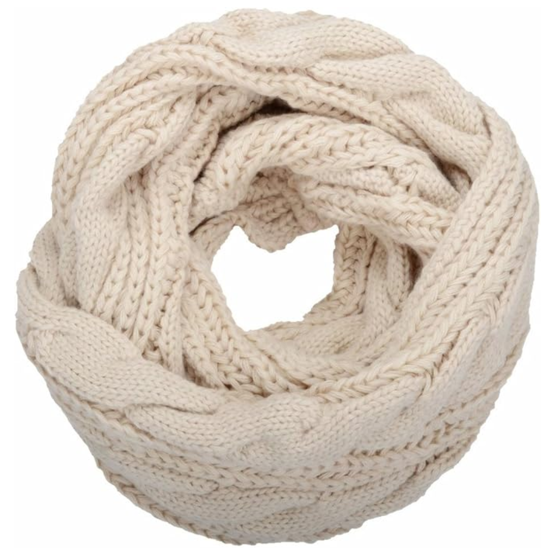 Davina warm ribbed knitted winter scarf providing neck warmth, ideal for snowy days