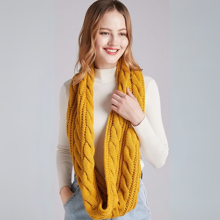 Close-up of the tag on a Davina warm ribbed knitted winter scarf, quality knitwear