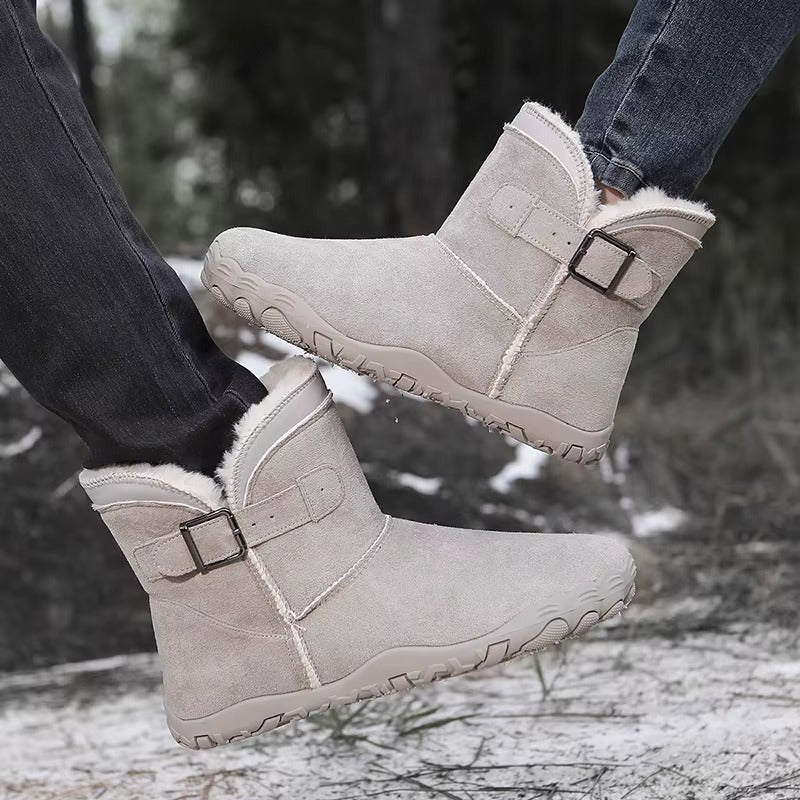 Top-down view of midnight black barefoot winter boots, showing ample toe box space for natural comfort.