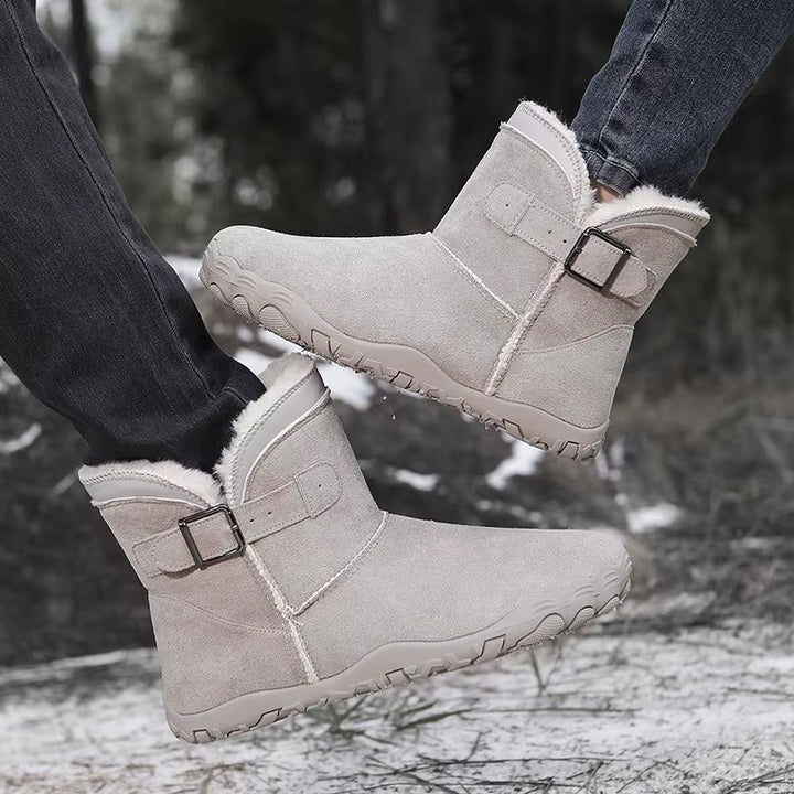 Top-down view of midnight black barefoot winter boots, showing ample toe box space for natural comfort.