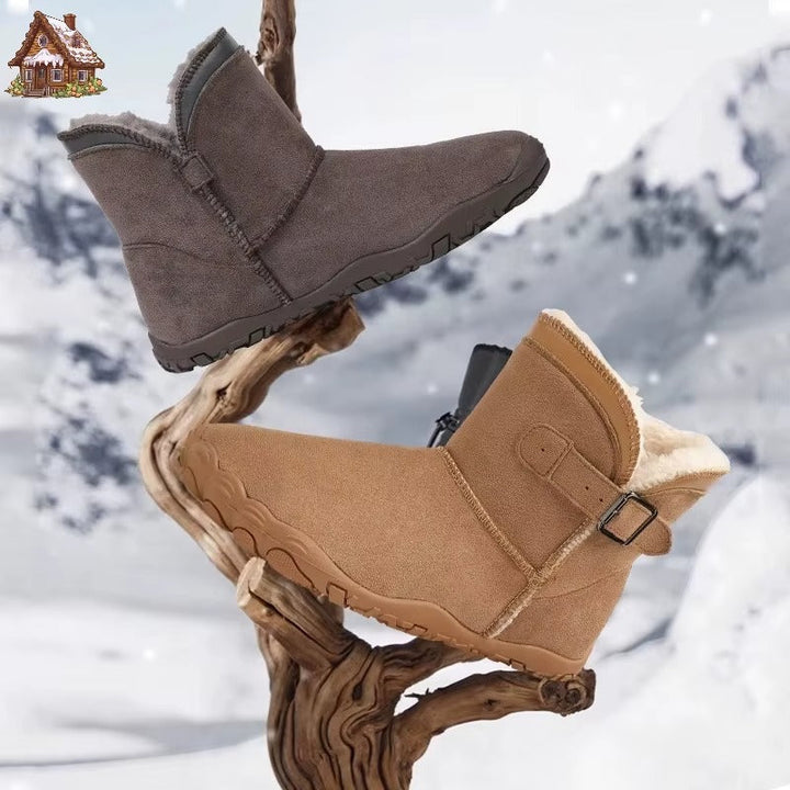 Cold weather chestnut brown barefoot boots, offering cozy warmth and ergonomic design for all-day comfort.
