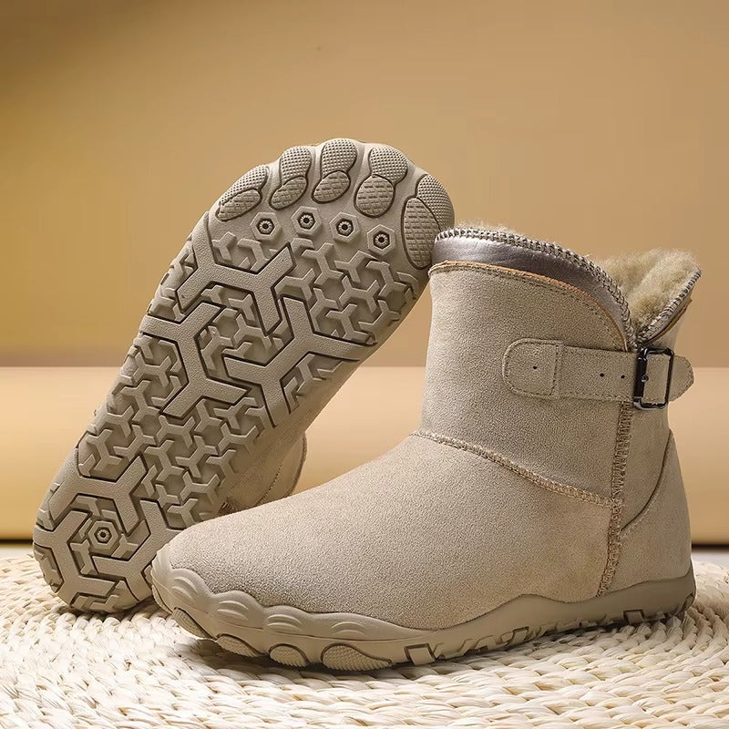 Chestnut brown warm barefoot shoes, offering natural movement & comfort in cold weather. Unisex winter boots.