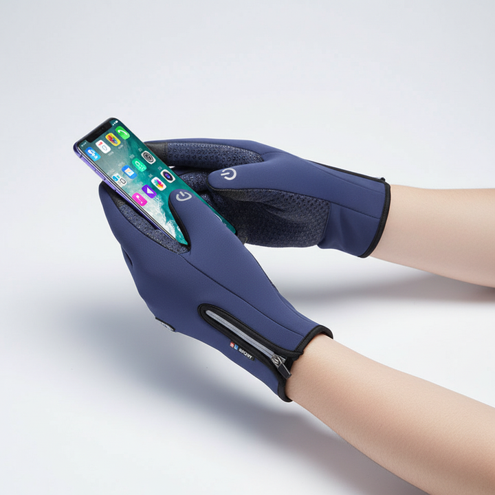 Close-up of Unisex WarmTouchPro touchscreen winter gloves, showing waterproof fabric and thermal lining