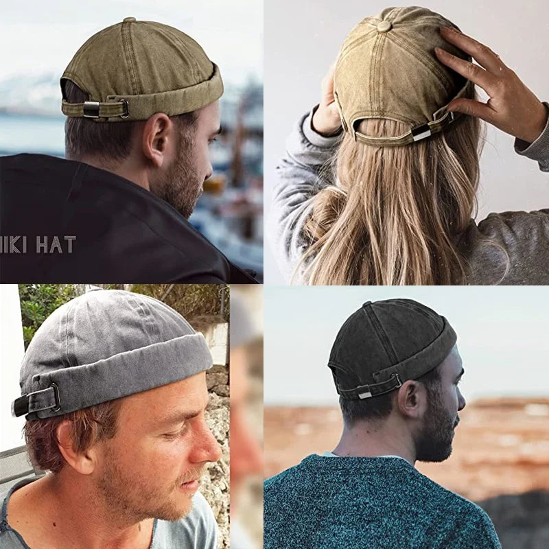 Modern unisex brimless cap made from washed cotton, featuring an adjustable strap for a custom fit.