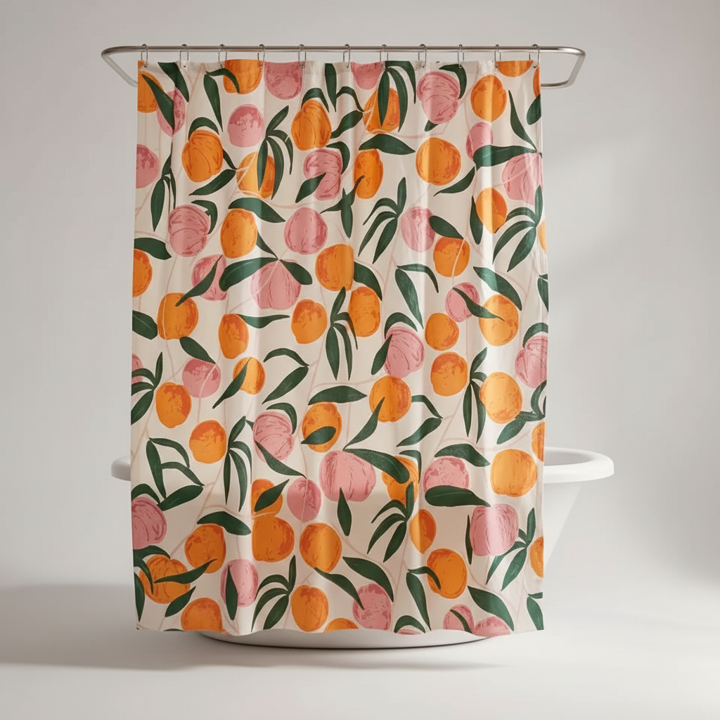 Peach-themed water-repellent polyester shower curtain, ideal for decorative and easy-care bathroom updates