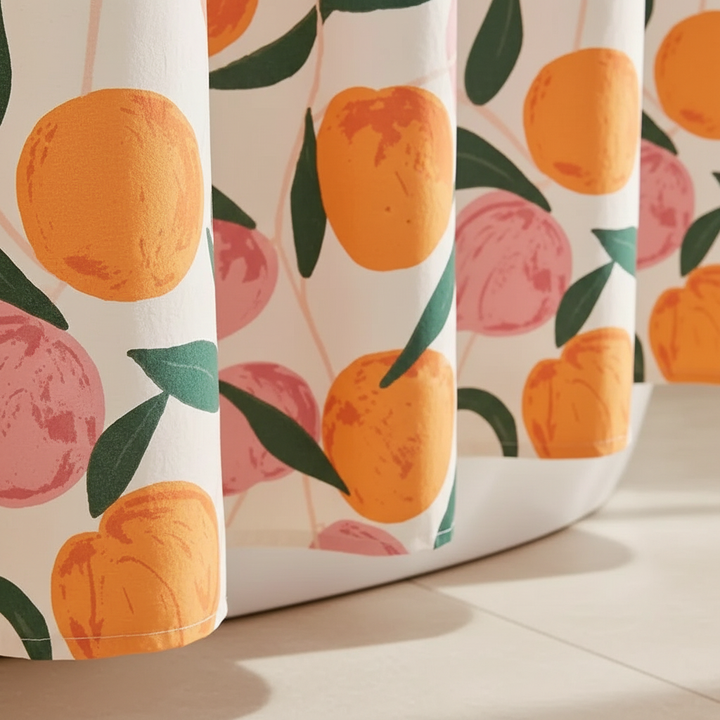 Modern bathroom shower curtain with a stylish peach design, made from water-repellent polyester fabric