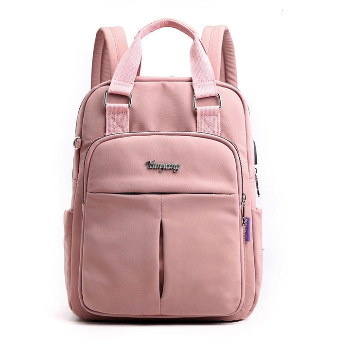 Top-down view of multi-compartment anti-theft backpack, open pockets