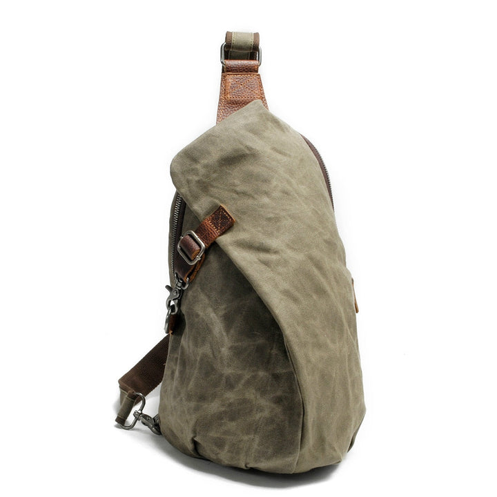 Front view of stylish unisex canvas sling bag. Durable, water-resistant, ideal for day trips & daily use.