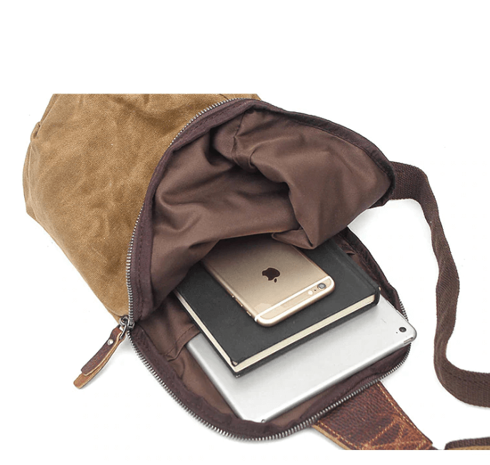 Close-up of the anti-theft back pocket on the unisex water-resistant canvas crossbody bag. Secure & discreet.
