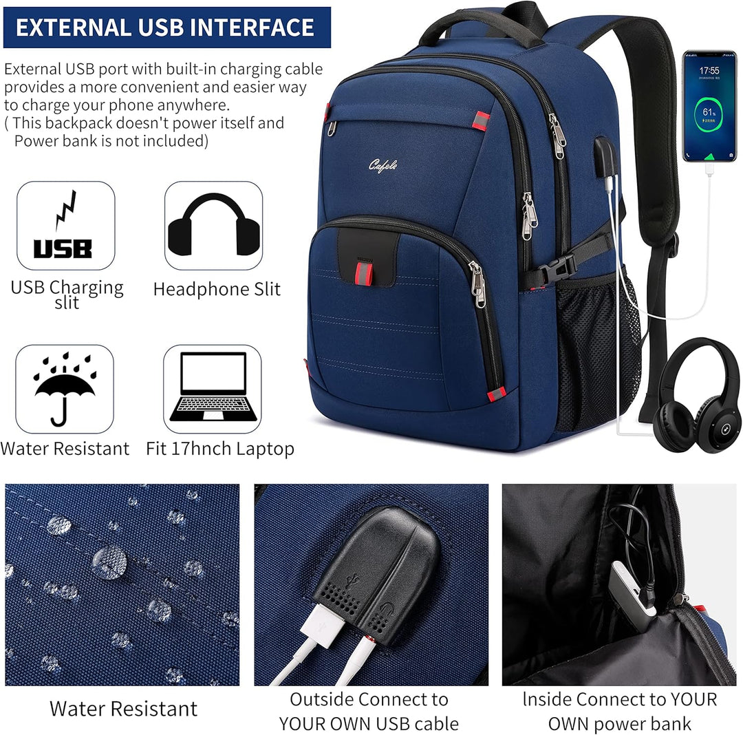 TechPro water-resistant laptop backpack, anti-theft features, USB for charging on the go.