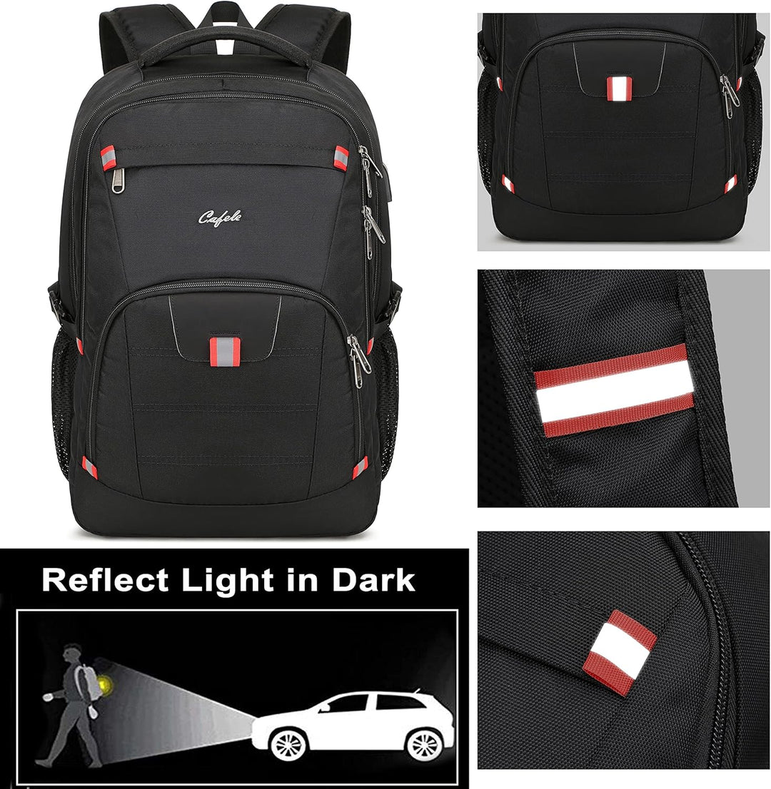 Durable water-resistant laptop backpack with anti-theft security and integrated USB charger.