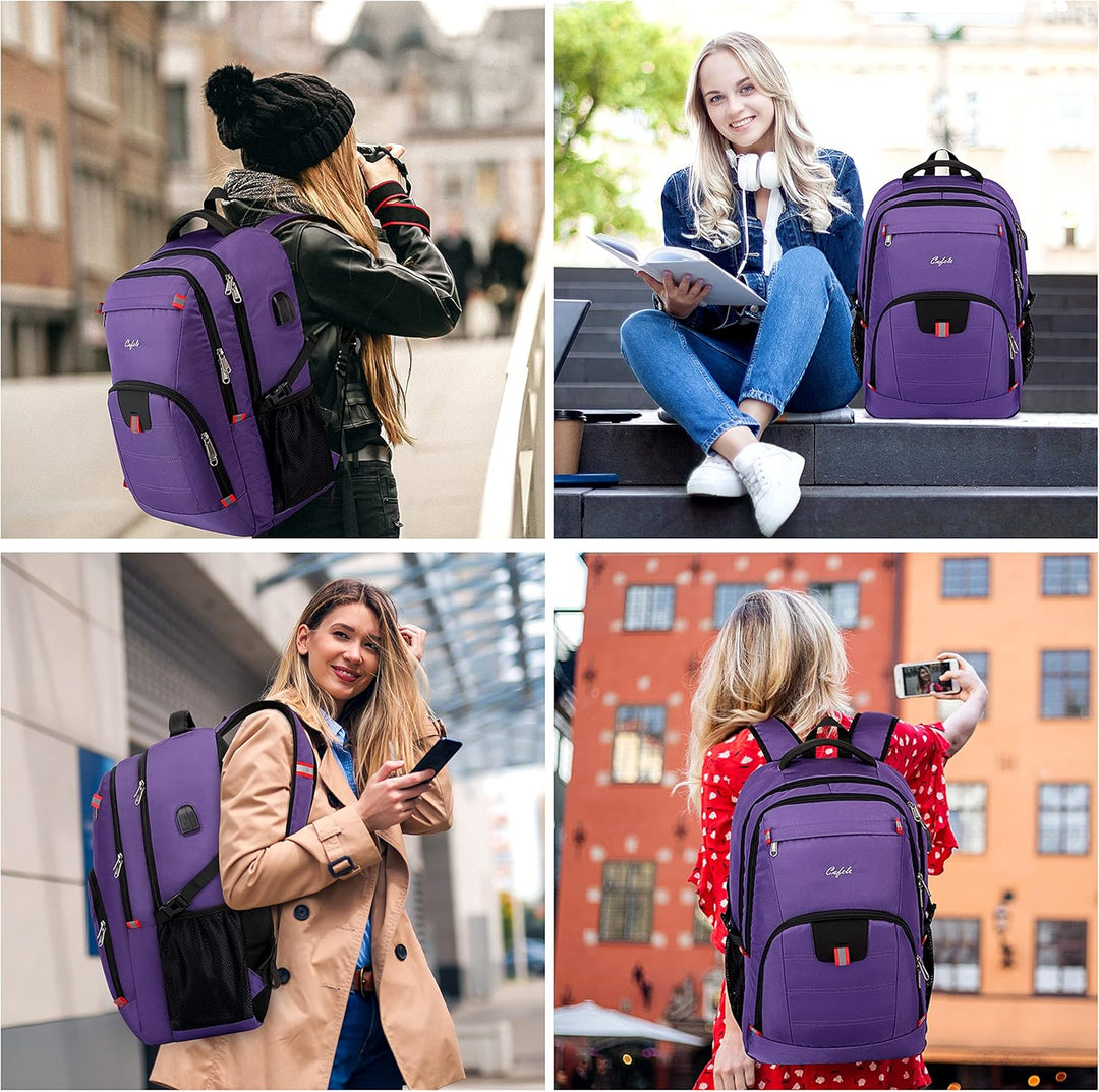 Sleek black unisex water-resistant backpack for laptops, featuring anti-theft security & USB charging.