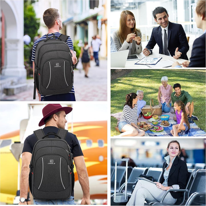 Spacious water-resistant travel backpack, anti-theft, USB port, fits laptop & all your essentials.