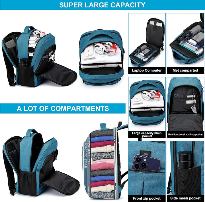 Organized travel backpack with laptop compartment, water-resistant, anti-theft, and USB charging.