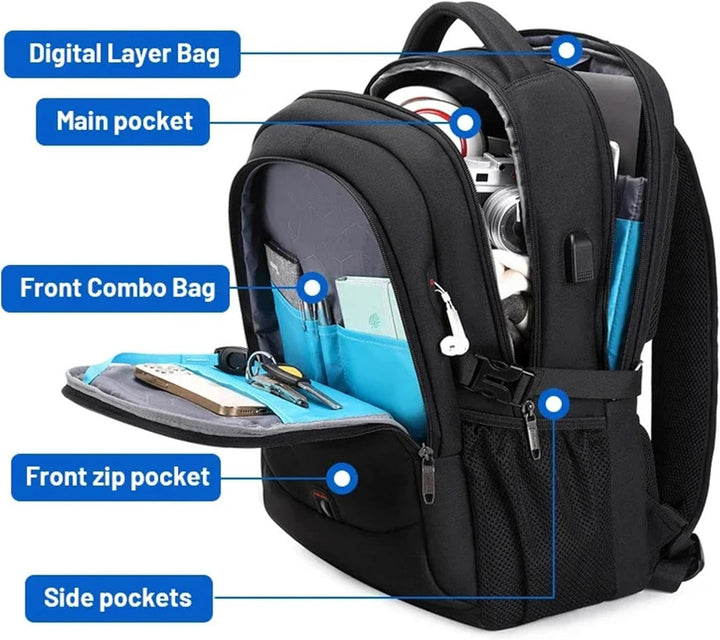 Water-resistant travel backpack for laptops, gray, featuring multiple zippered compartments and pockets