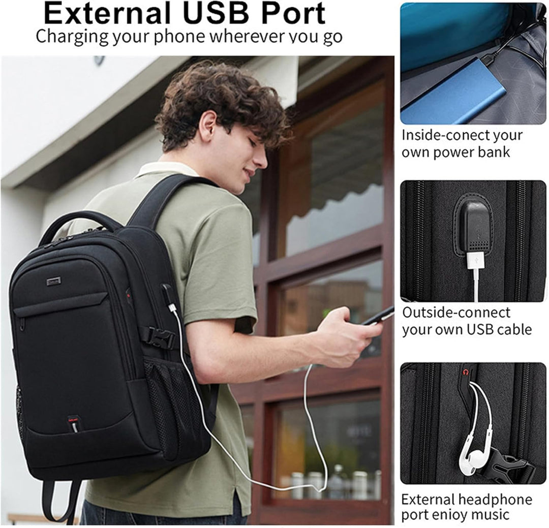 Front view of black unisex laptop travel backpack, ideal for commuting, school, or work