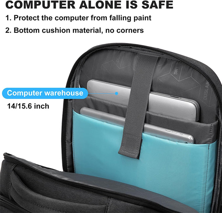 Interior view of organized laptop travel backpack with padded sleeve and various daily compartments