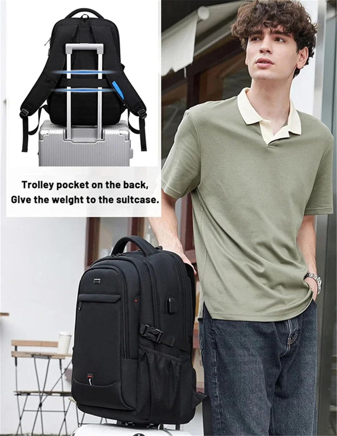 Unisex commuter backpack, water-resistant, suitable for laptops and daily travel, in a versatile black color