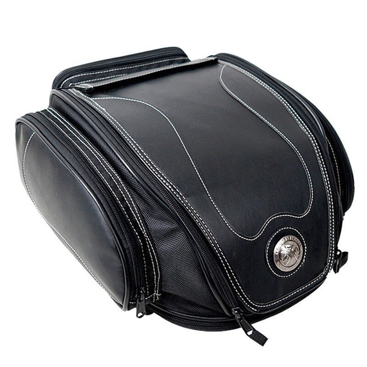 Unisex water-resistant motorcycle tail bag with expandable storage. Perfect motorbike accessory for touring.