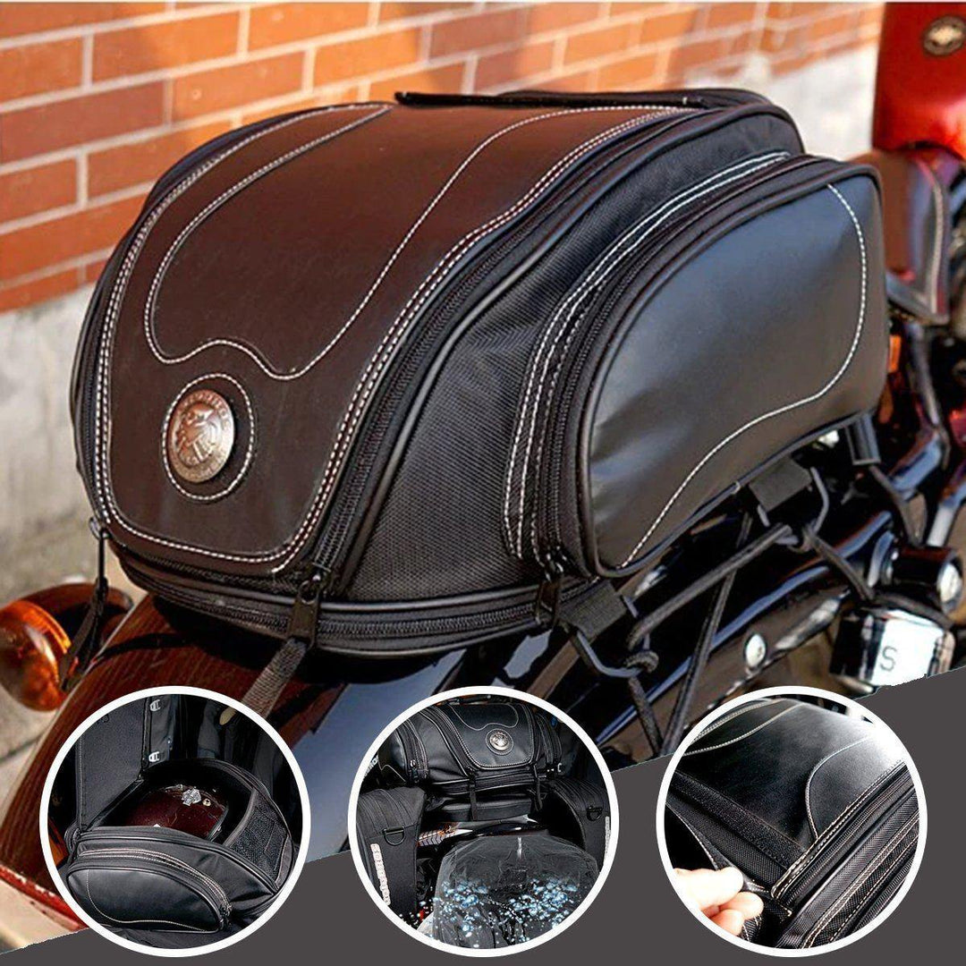 Black waterproof motorcycle tail bag. Expandable luggage for secure, all-weather bike touring.