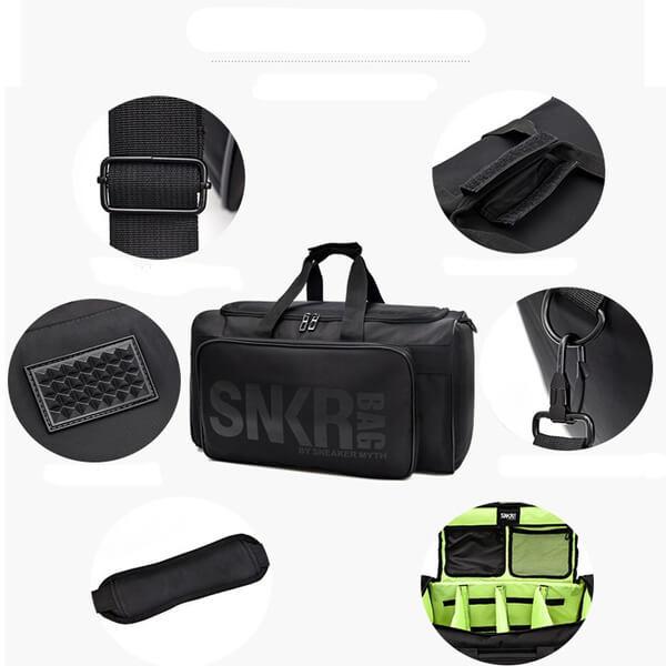 Black water-resistant luggage, ideal for organizing sports gear, sneakers & travel essentials.
