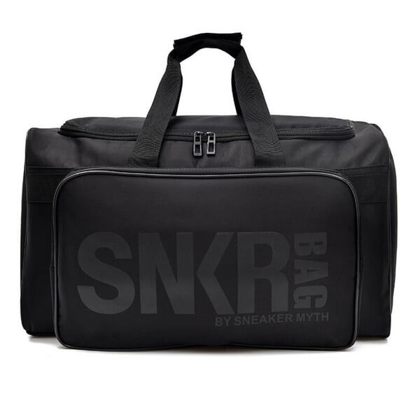Durable black water-resistant duffle bag for sneakers, sports gear & travel organization.