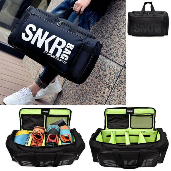 Heavy-duty water-resistant duffle bag, perfect for organizing sneakers, clothes & sports equipment.