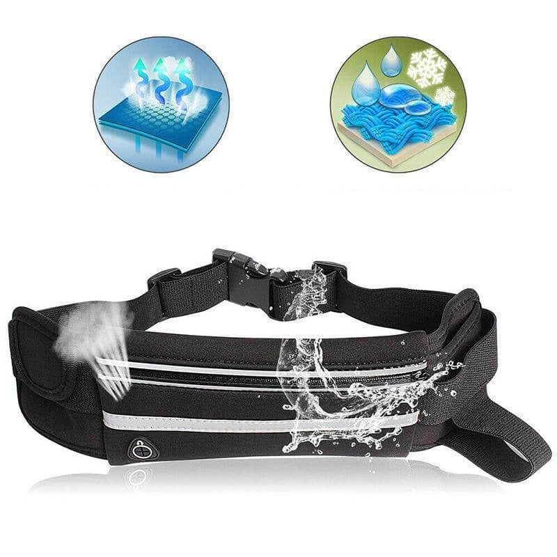 Comfortable adjustable running waist belt. Water-resistant phone holder for hands-free jogging & fitness.