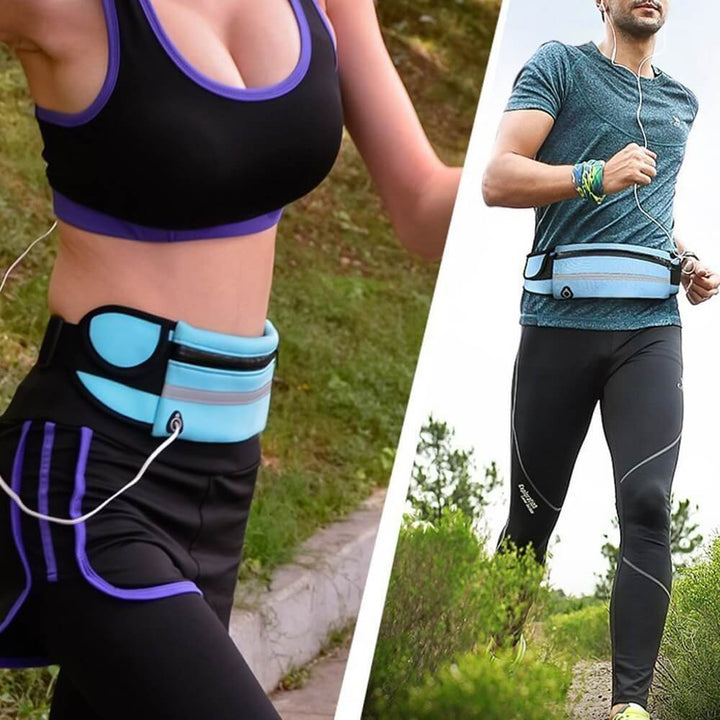 Adjustable water-resistant running waist pack with phone holder. Perfect for jogging, hiking & workouts.