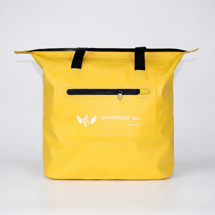 Bright yellow water-resistant shoulder tote bag, a stylish and functional dry bag for all outdoor activities.