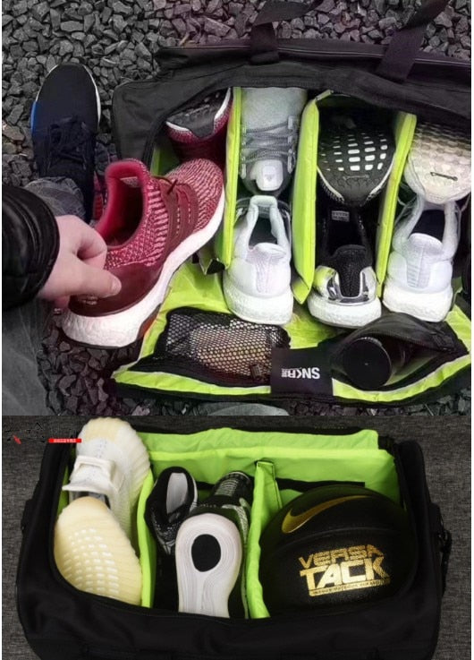 Black water-resistant sneaker bag on airport luggage carousel, ready for travel