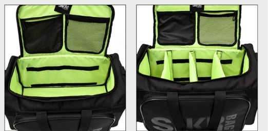 Unisex travel bag for sneakers and athletic gear, standing upright, empty compartments visible