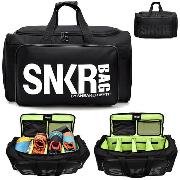 Side angle of black water-resistant travel bag, ideal for sneakers and sports gear