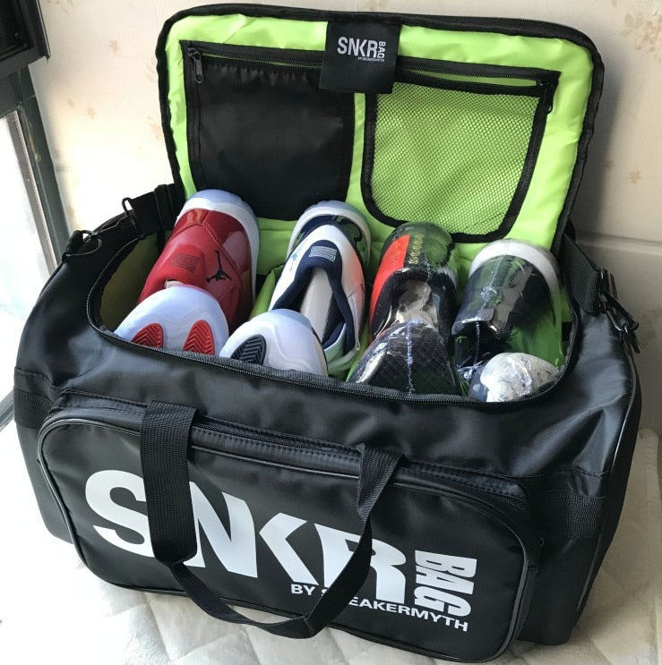 Unisex sneaker travel bag with main compartment open, showing shoe dividers