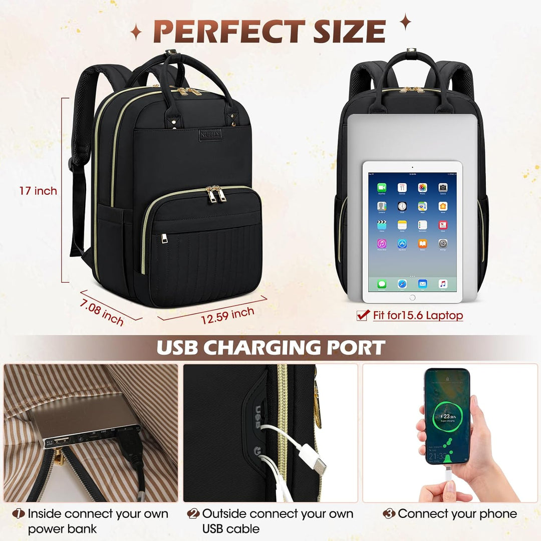 Travel backpack with multiple organized compartments, side view, showing deep pocket, water-resistant