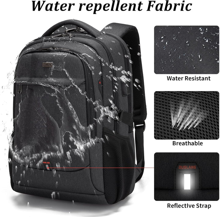 Everyday USB backpack, water-resistant fabric, great for college students.