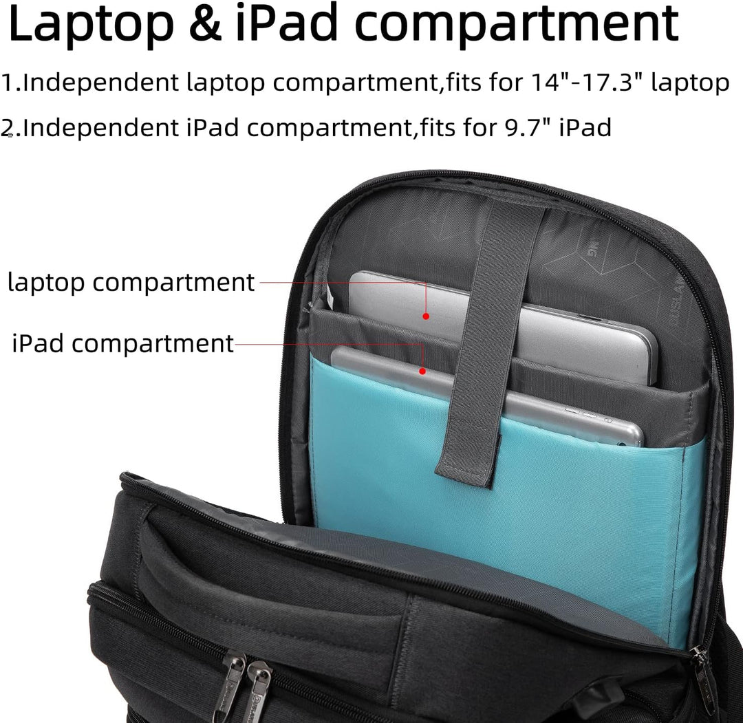 Sleek laptop backpack, anti-theft design & external USB port for convenience.