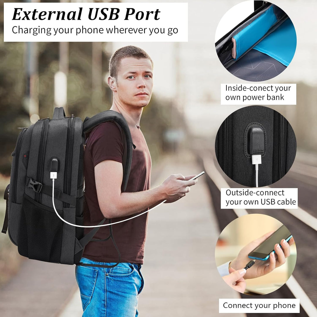 Organized work & college backpack, water-resistant fabric, USB ready.