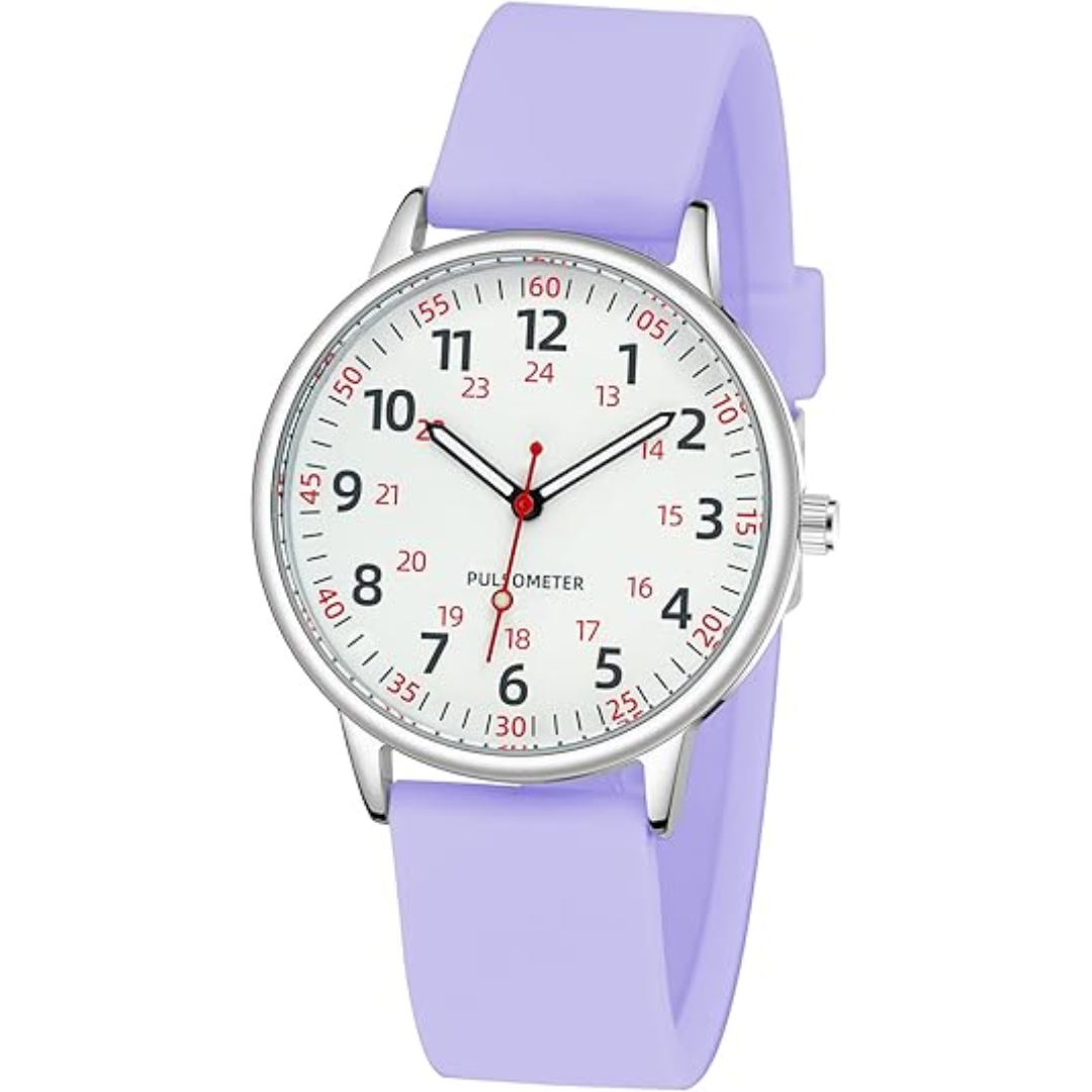 Hygienic silicone band analog watch, waterproof and designed for healthcare professionals.